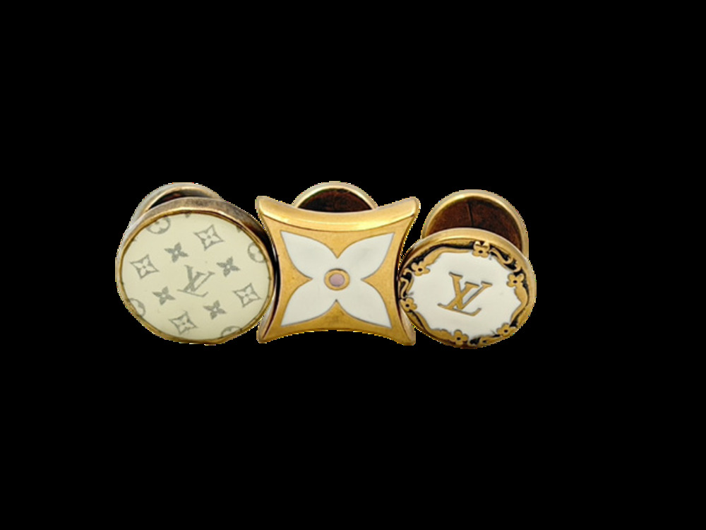 6889 -Louis Vuitton Bouton de Manchette Cufflinks 3-Piece Monogram & Enamel Gold